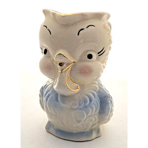 Vase/Pitcher Shaped-Vintage-Duck-Blue-Cream-Gold Trim-MCM-Cream Blue